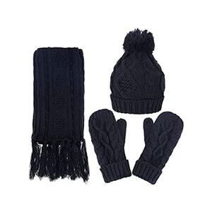 Andorra Gear Soft Warm Thick Cable Knitted Black Hat Scarf Gloves Set One Size